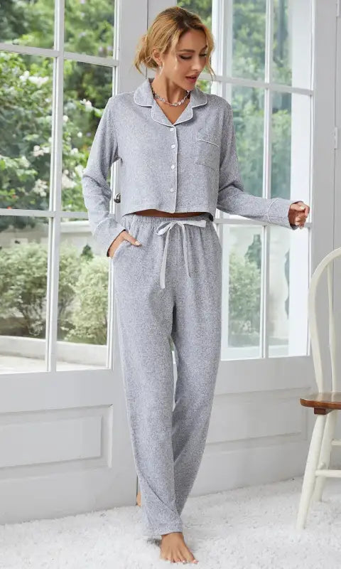 Grey polka dot home wear pajama set with cropped top and drawstring pants