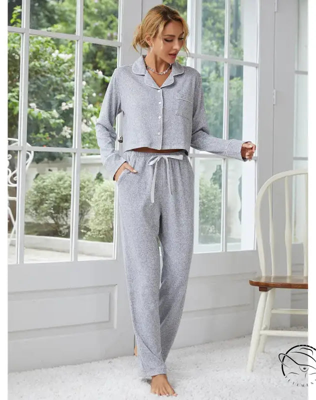 Grey polka dot home wear pajama set with cropped top and drawstring pants