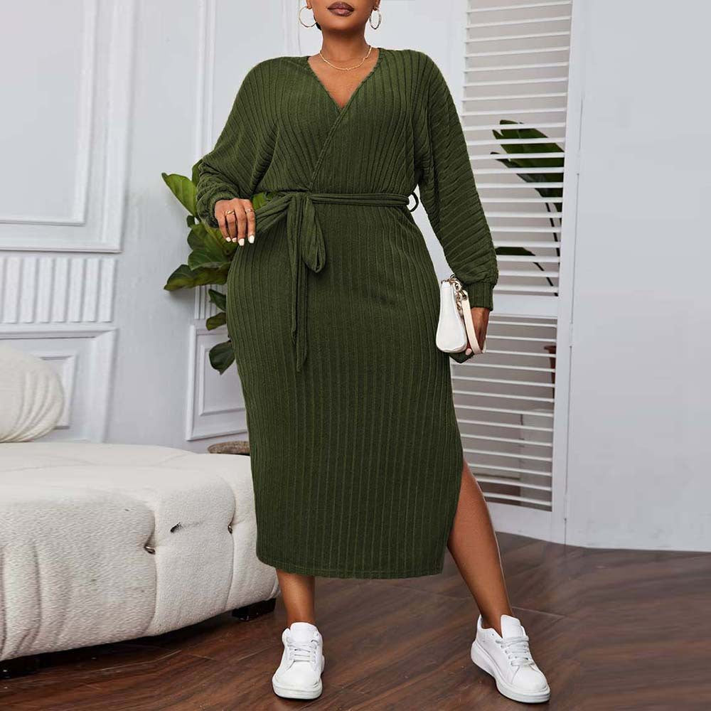 Elegant dark olive green ribbed knit midi dress with V-neck and side slit for fashion