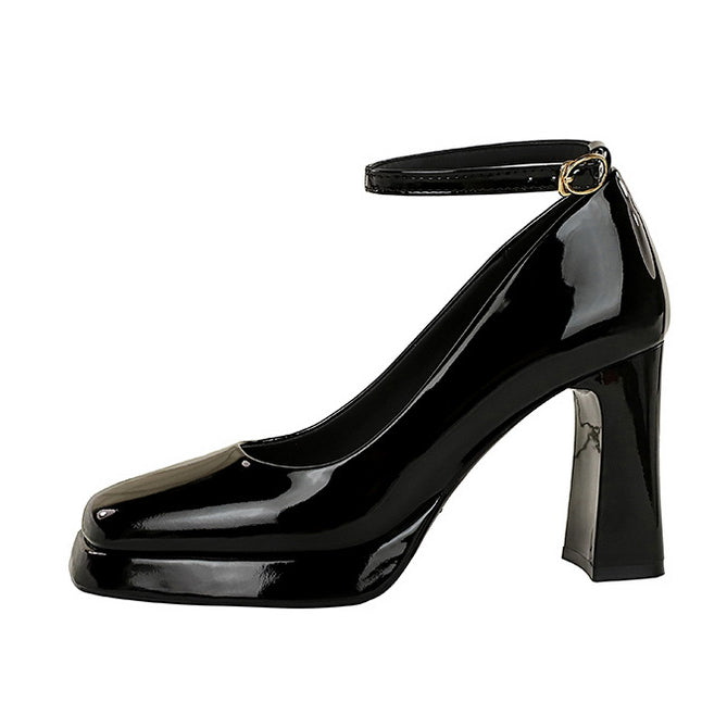 Leather Square Toe Ankle Strap High Heels