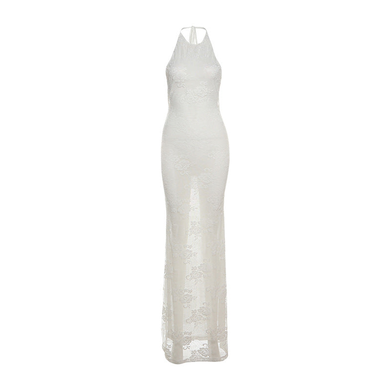 White lace halter-neck mesh dress featured in the LACE UP MESH HALTER DRESS collection