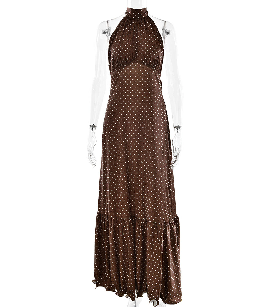 Elegant polka dot French halter satin dress with ruffled hem