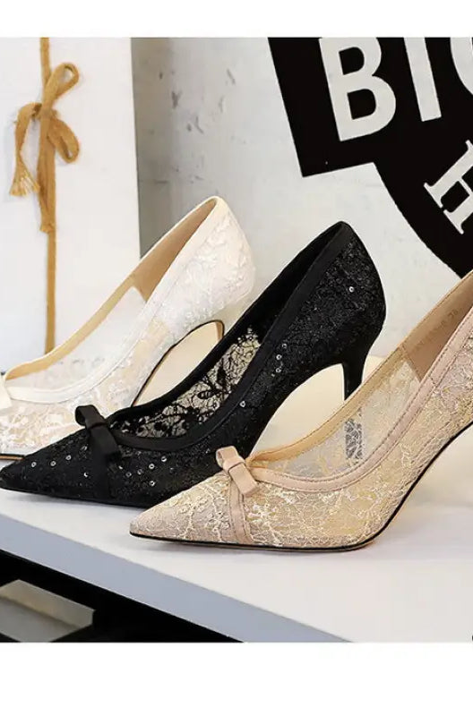 Cocktail High Heel Women Shoes Bow Sequined Lace Mesh Pointed Shallow Mouth Stiletto