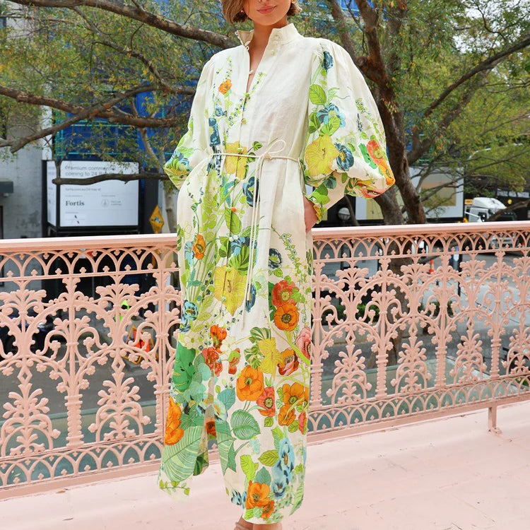 Floral print maxi dress showcasing long sleeve design for stylish summer fashion