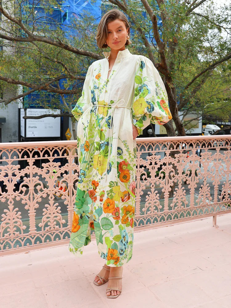 Floral print maxi dress showcasing long sleeve design for stylish summer fashion