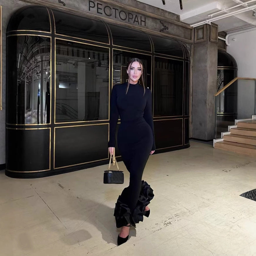 Elegant black fishtail floral dress with ruffled hem for sophisticated fashion looks