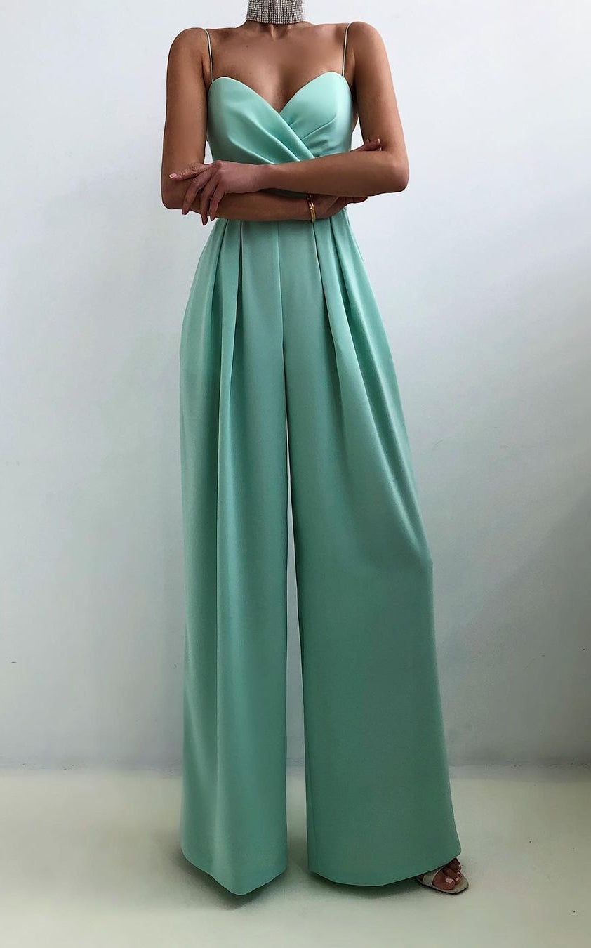 Mint green strapless jumpsuit with pleated wide-leg pants for modern fashion ملابس
