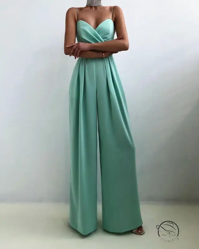 Mint green strapless modern jumpsuit with pleated wide-leg pants