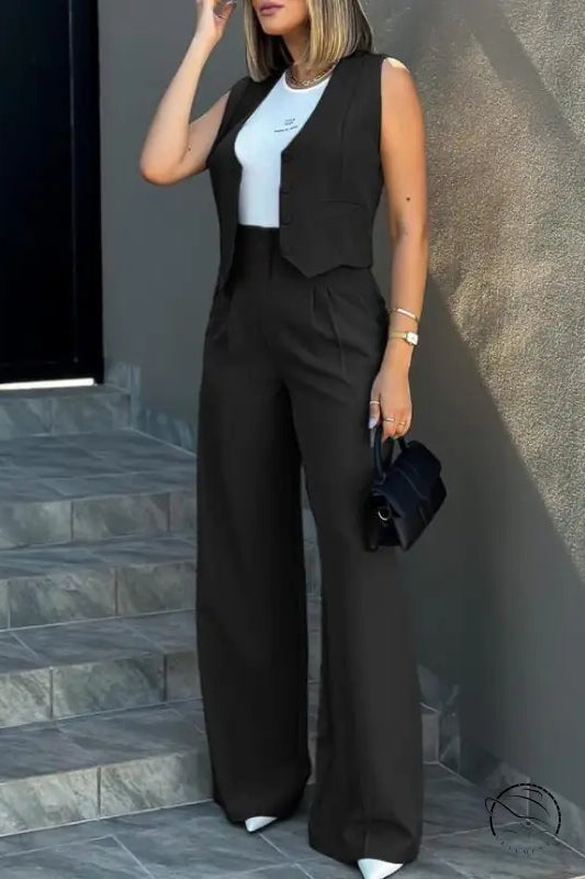 Elegant vest jacket wide leg pants set for women