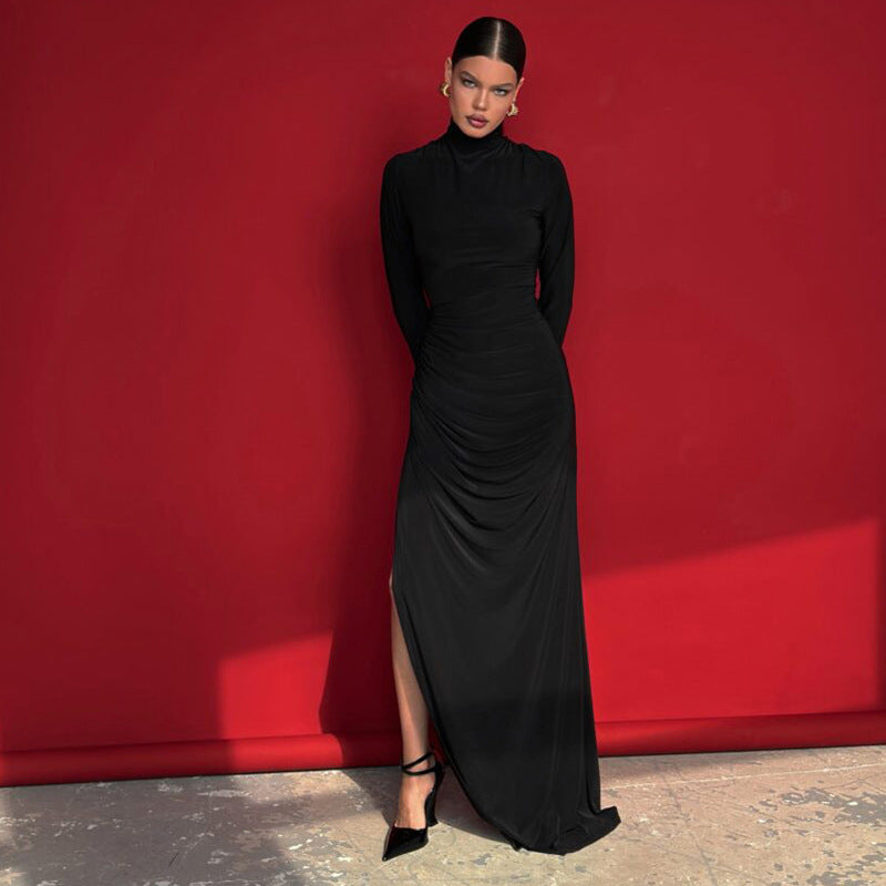 Elegant black turtleneck maxi dress featuring a high slit for chic fashion appeal
