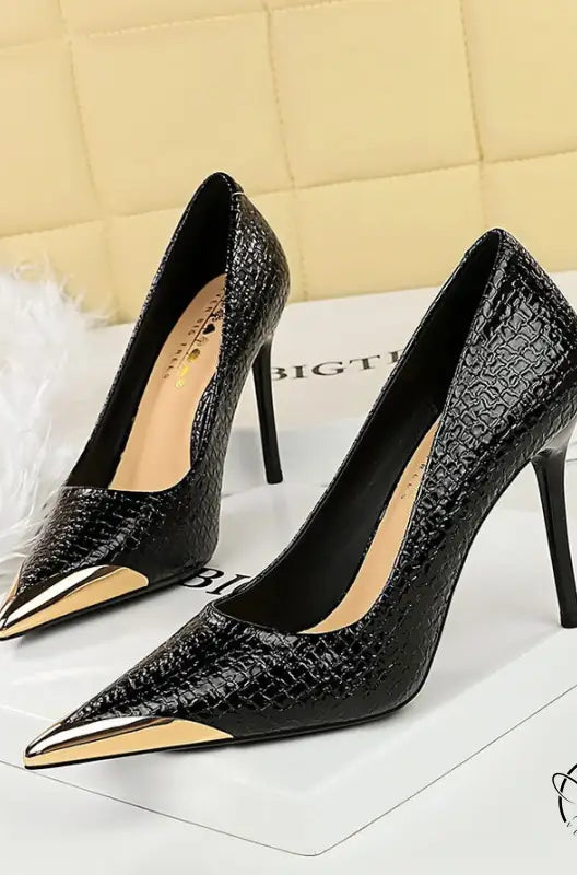 Langry fashion black pointed-toe high heels with gold accents