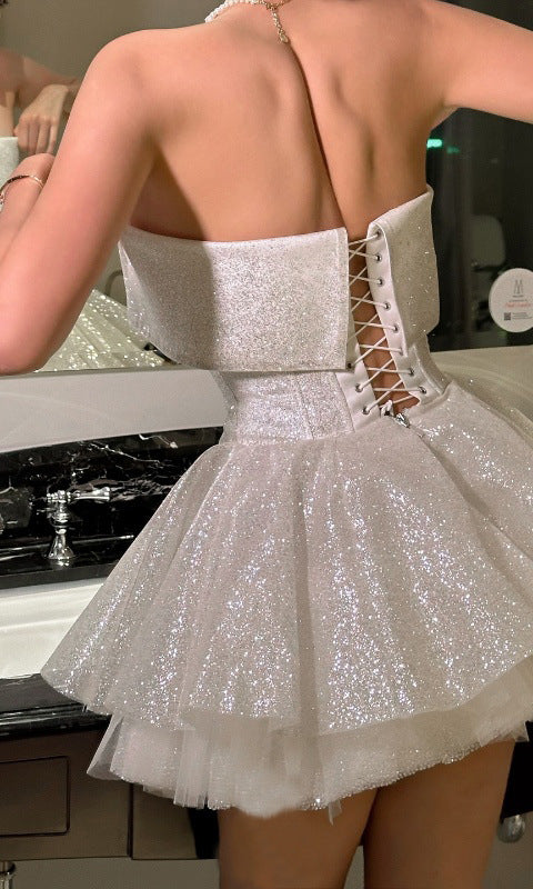 Sparkly white strapless Elegant Off Shoulder Short Dress with corset back in fashion