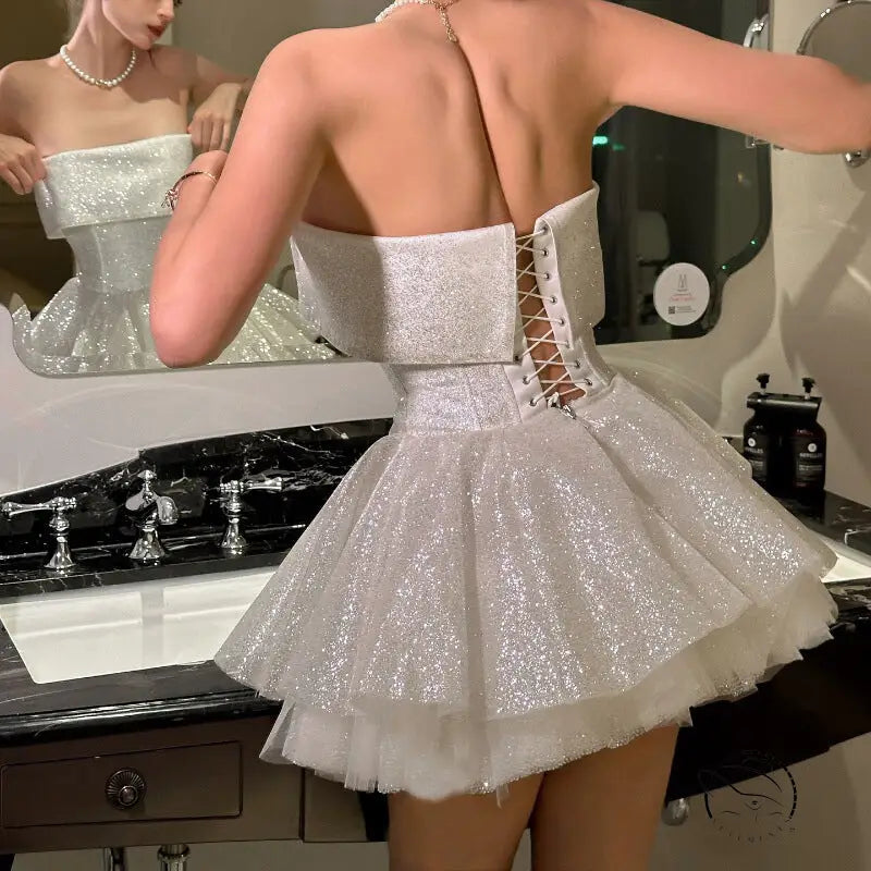 Elegant off-shoulder short dress with sparkly white strapless corset back