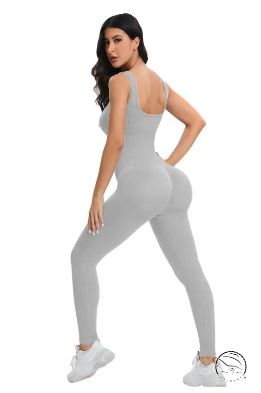 Gray ribbed backless one-piece langry workout suit in peach slim fit
