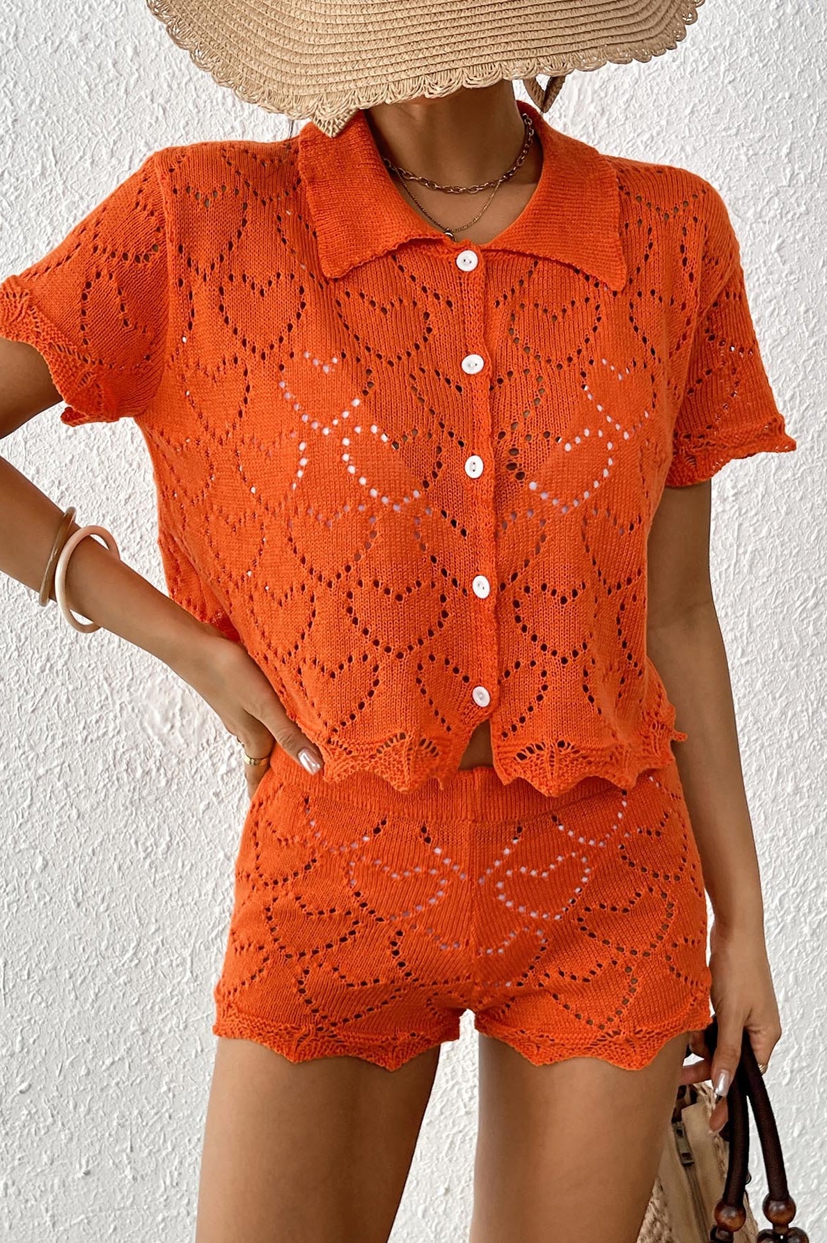 Orange crochet knit shorts set from Beautiful Beach Sets, perfect for summer fashion