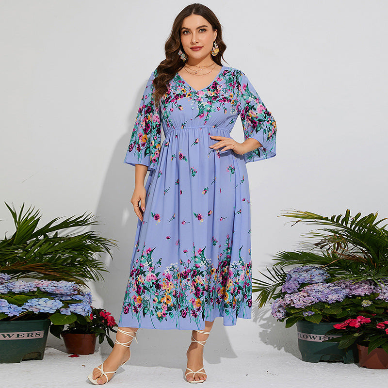 Plus-size floral chiffon spring dress with V-neck, elastic waist, and flare sleeves