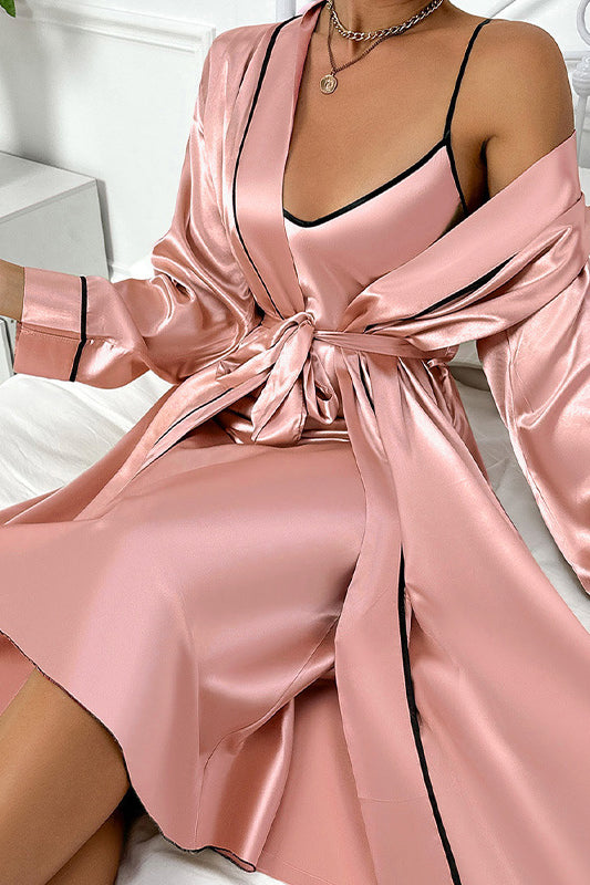 Ice silk langry soft pink satin robe with black trim and tied waist