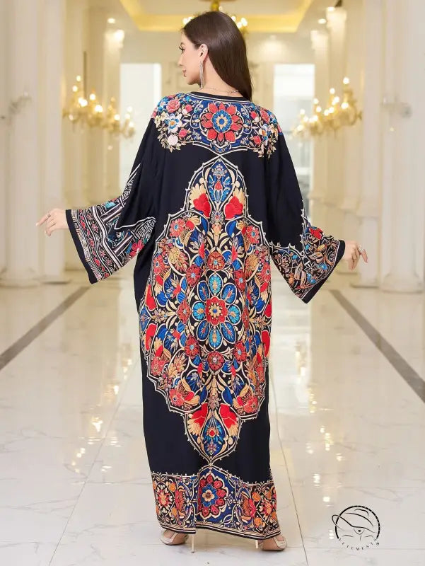 Elegant loose black floral maxi dress with bell sleeve length and mandala design
