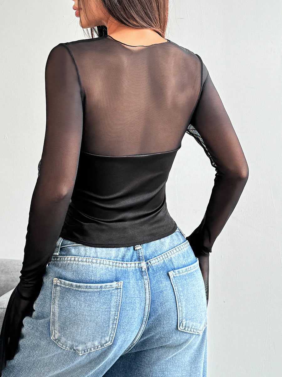 Black mesh long-sleeved top styled with jeans, ideal for langry fashion ملابس outfits