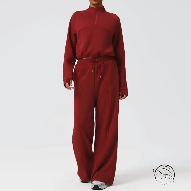 Red langry fashion jumpsuit with high neckline and drawstring waist in stretchy fabric