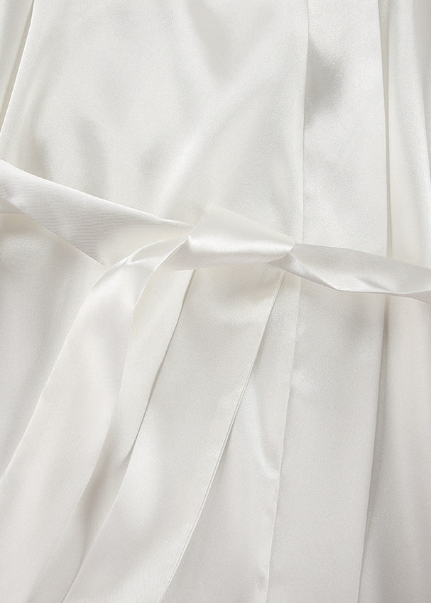 Elegant langry fashion white satin robe with belt for ice silk pajamas