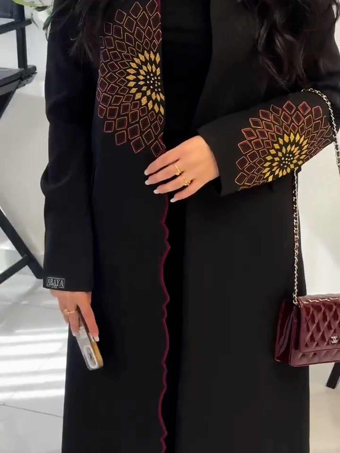 Black abaya trench coat with gold burgundy embroidery, langry fashion ملابس
