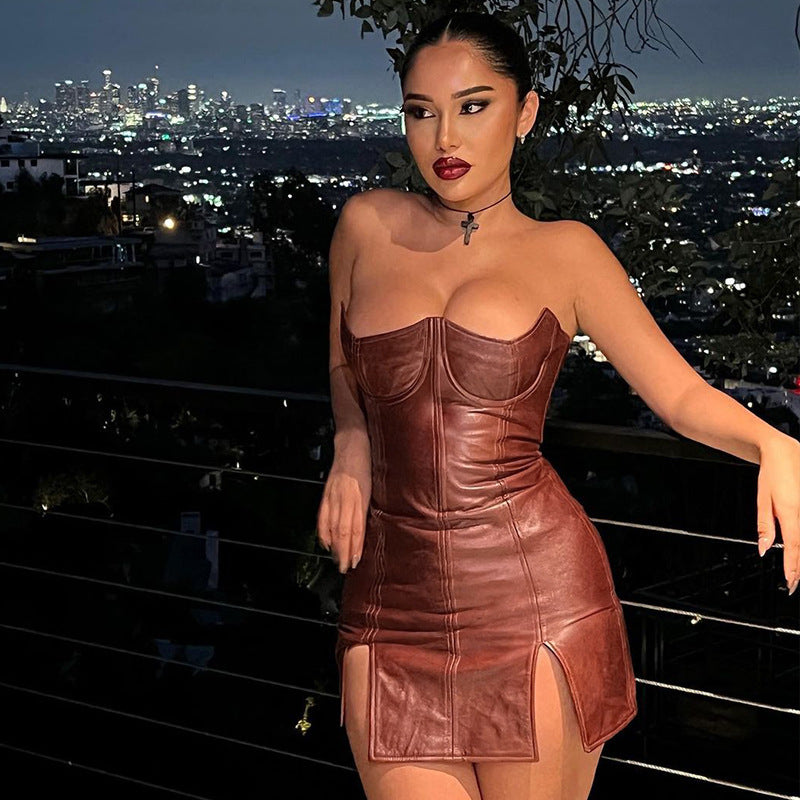 Faux Leather Skinny Sheath Dress in Brown Leather Mini Dress for trendy fashion style