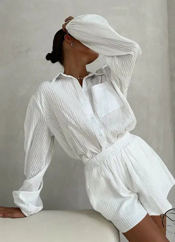 White textured pure cotton long sleeves home wear two-piece shirt and shorts set