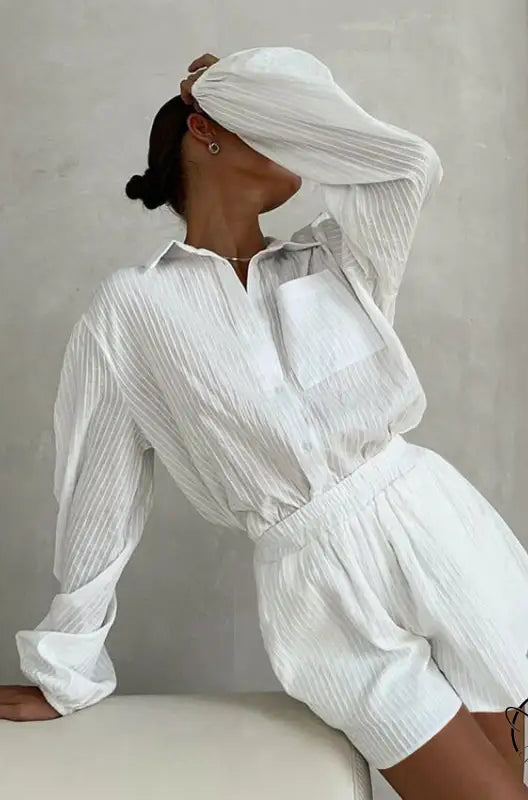 White textured pure cotton long sleeves home wear two-piece shirt and shorts set