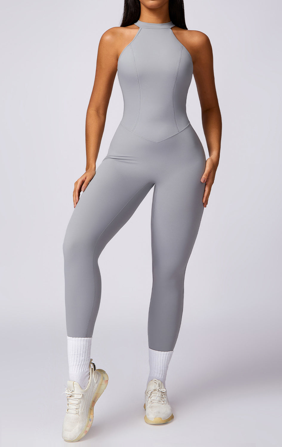 Sleek light gray langry fashion yoga jumpsuit for hip raise