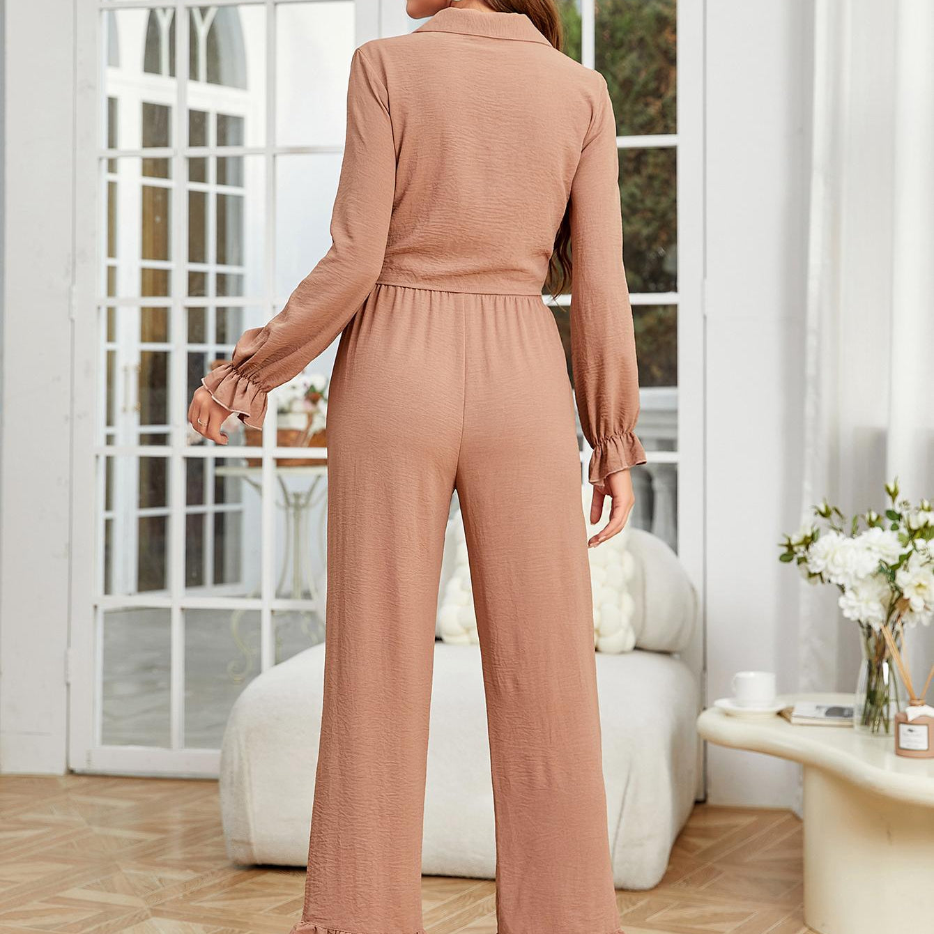 Dusty rose long sleeve pants and ruffled cardigan two-piece home wear set