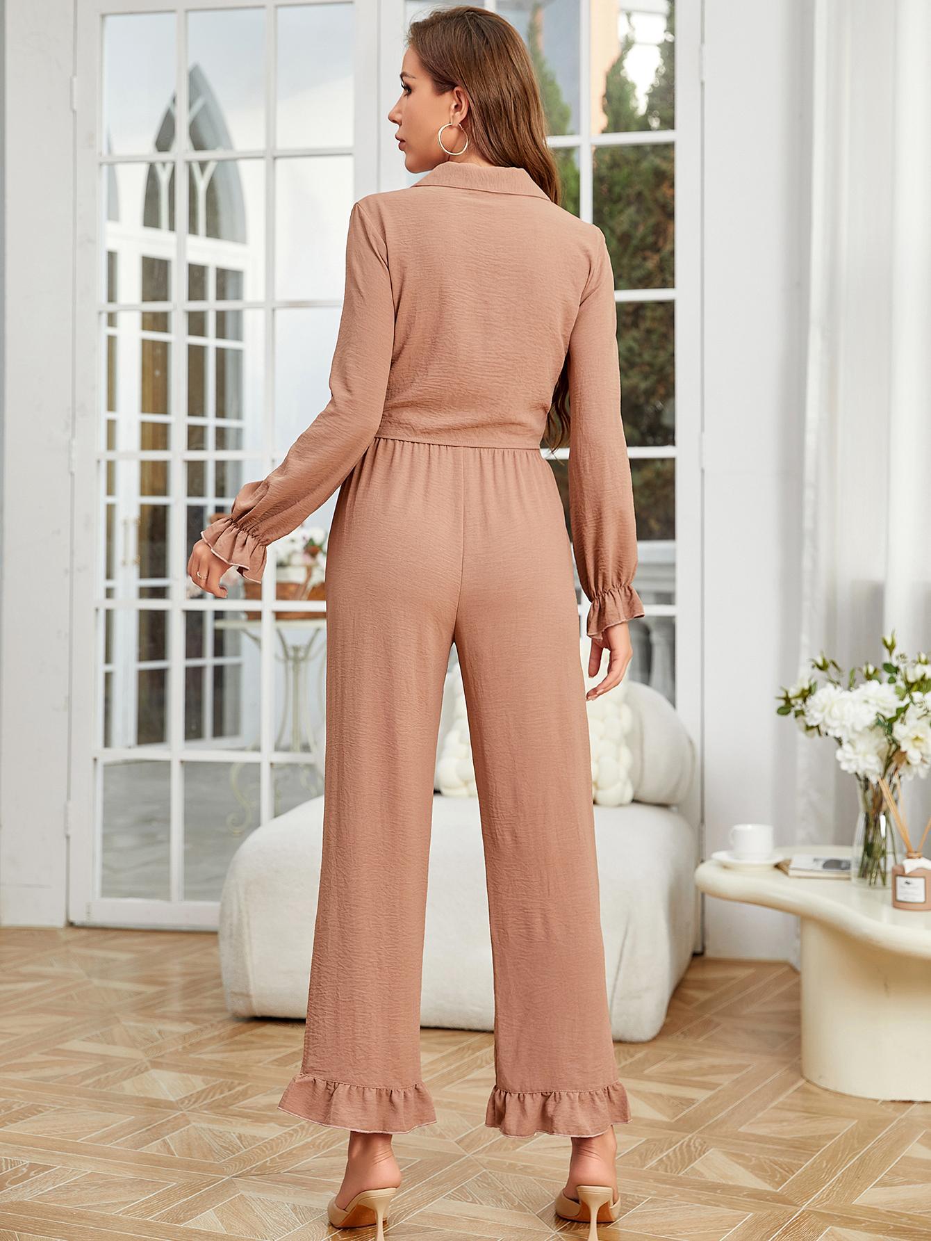 Dusty rose long sleeve pants and ruffled cardigan two-piece home wear set