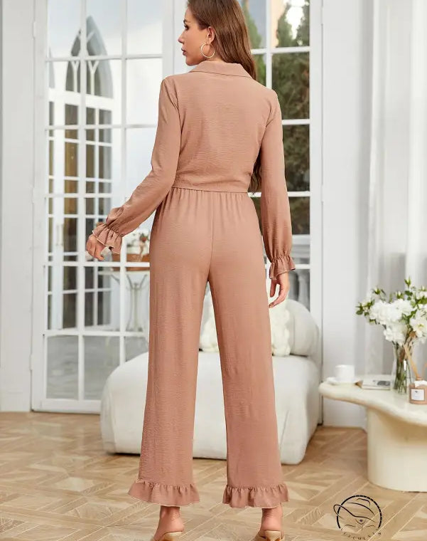 Dusty rose ruffled cardigan long sleeve pants two-piece set