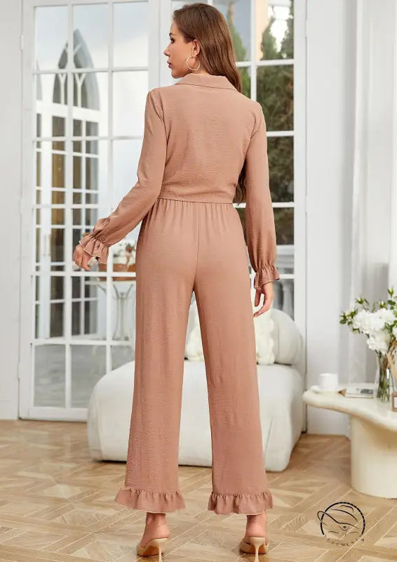Dusty rose ruffled cardigan long sleeve pants two-piece set