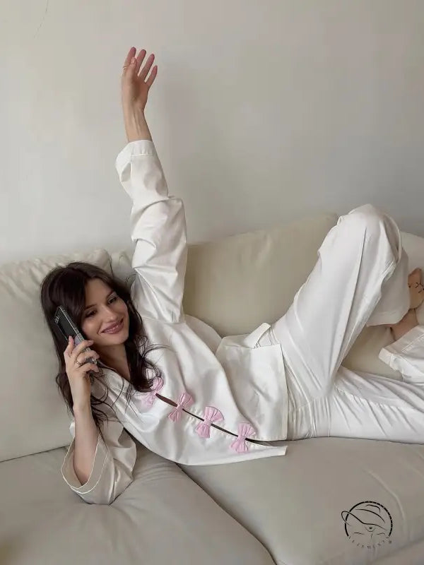 White satin pajama set with pink embroidery, fashion langry two-piece