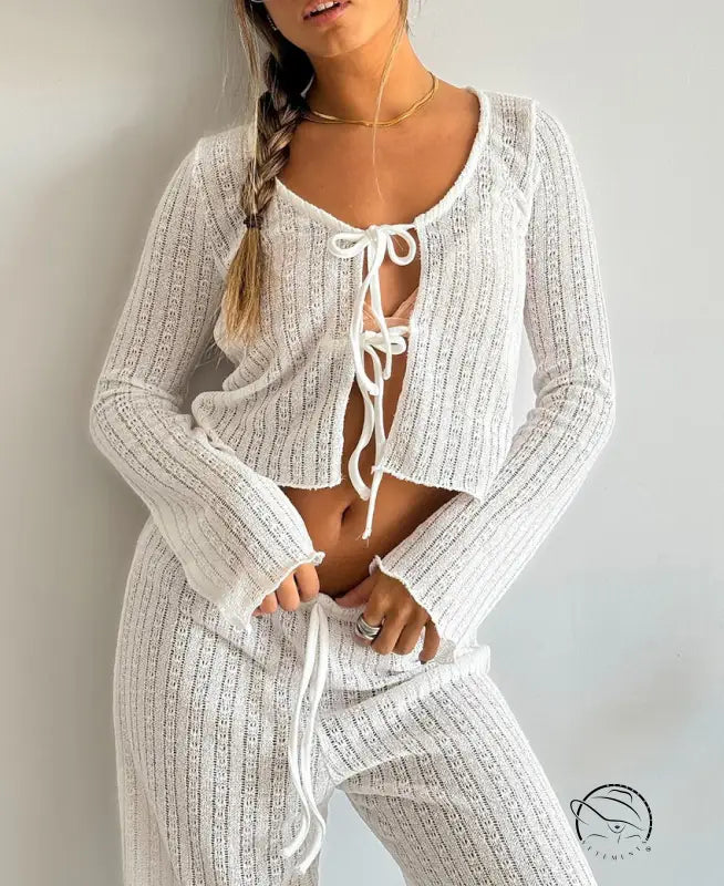 White ribbed knit langry two-piece pajamas with lace-up front
