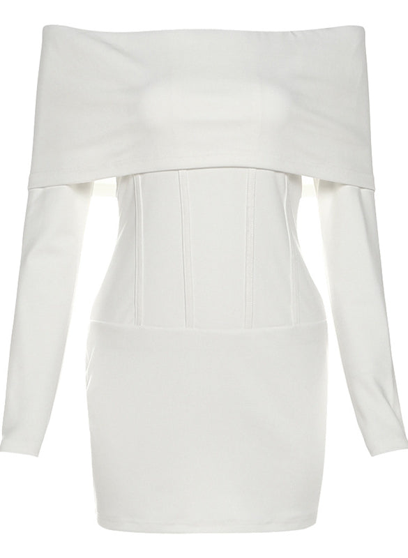 Elegant white off-shoulder langry fashion dress with corset bodice