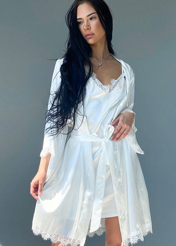 White satin langry robe with lace trim in ice silk pajamas