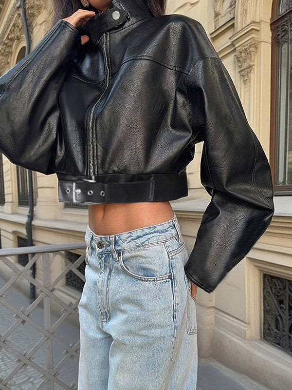 Fashionable Langry faux leather cropped jacket with zipper and belt detail