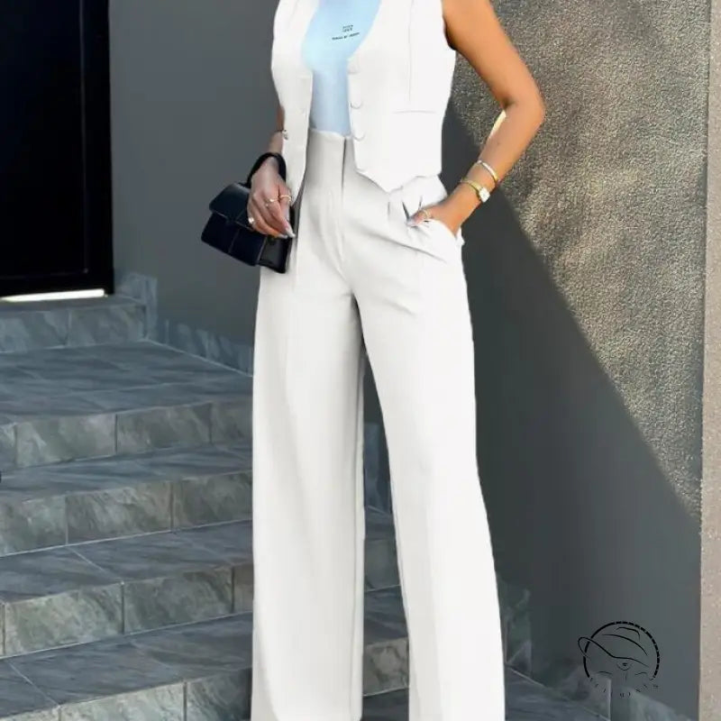 Elegant vest jacket with wide leg pants set
