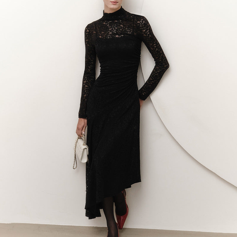 Black lace long-sleeve midi dress with asymmetrical hem for elegant fashion and ملابس style