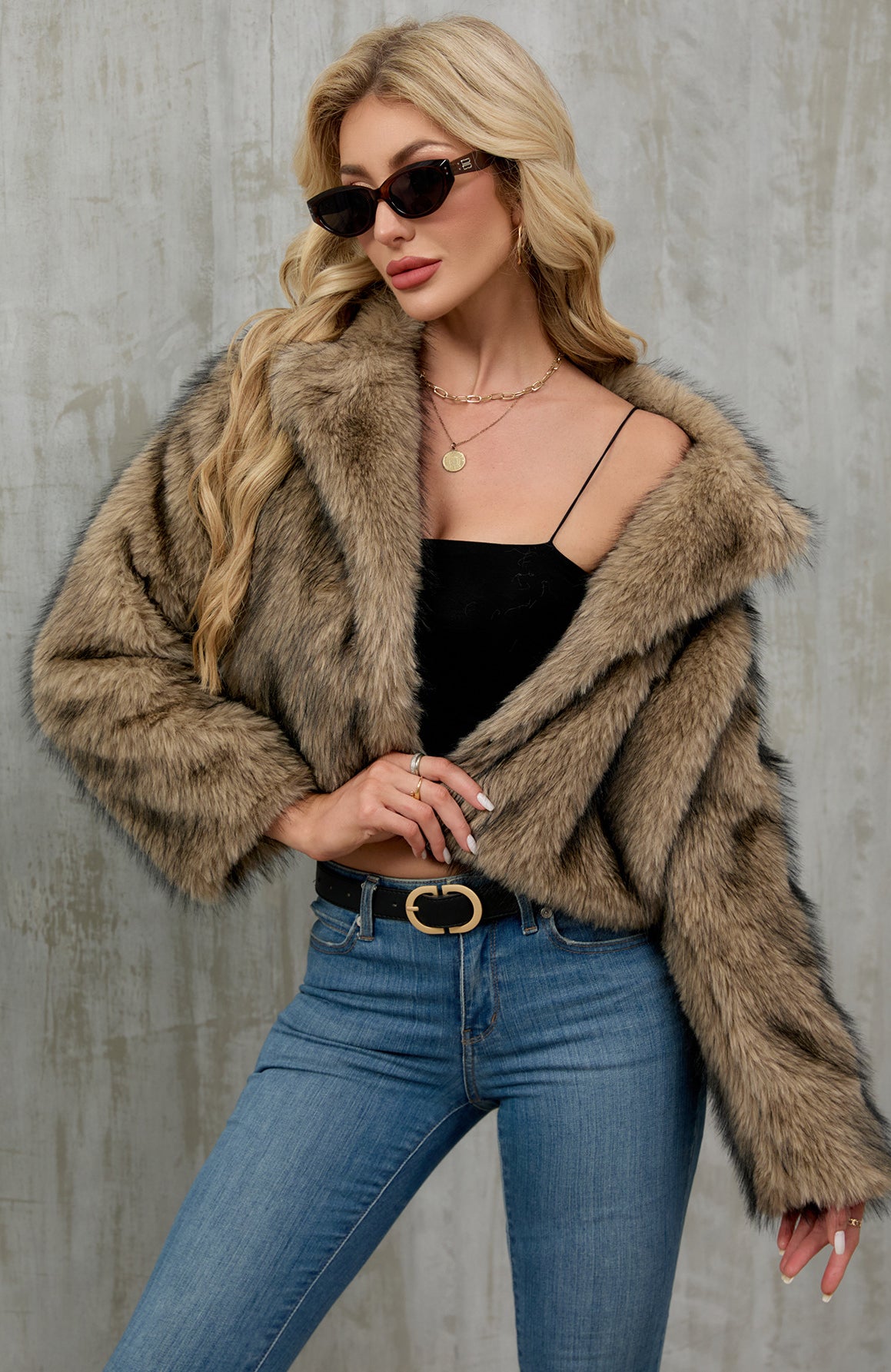 Soft brown faux fur cropped jacket with plush long fibers and open front
