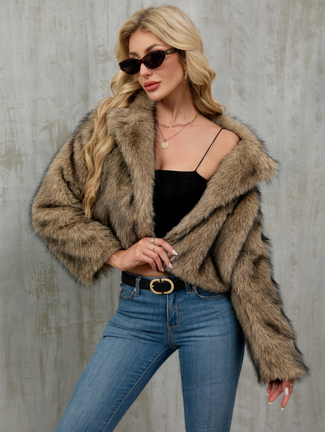 Soft brown faux fur cropped jacket with plush long fibers and open front