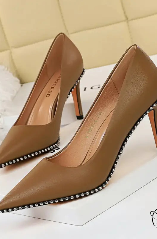 Brown leather stiletto heels with silver bead trim in Party Thinner High Heels
