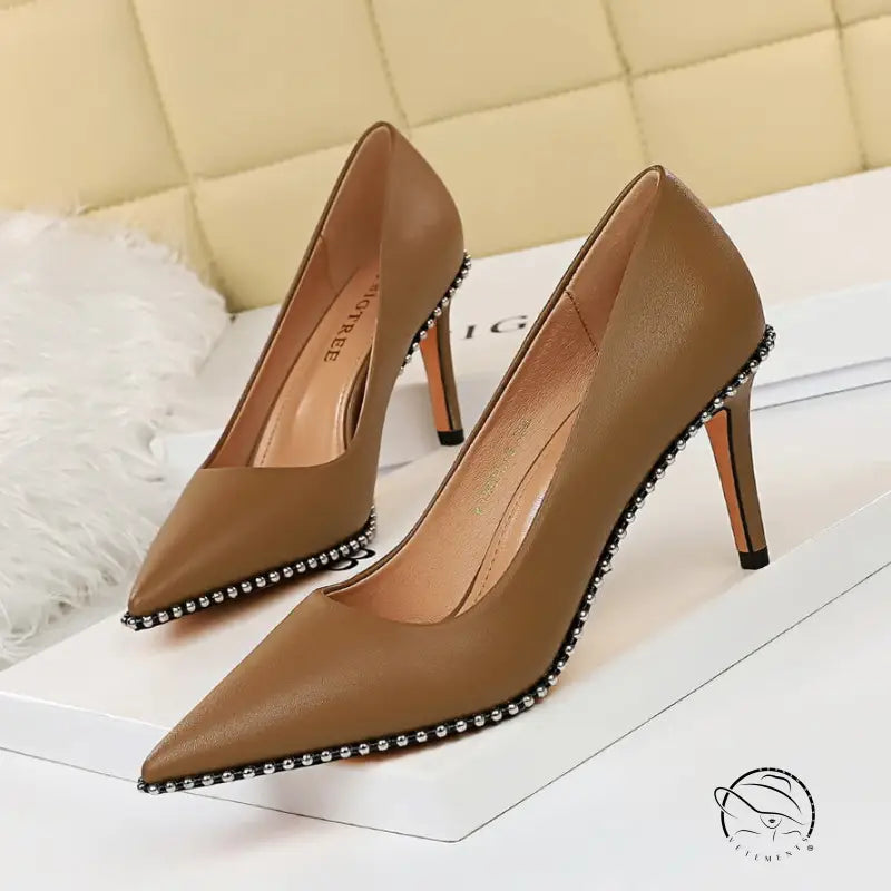 Brown leather stiletto heels with silver bead trim in Party Thinner High Heels