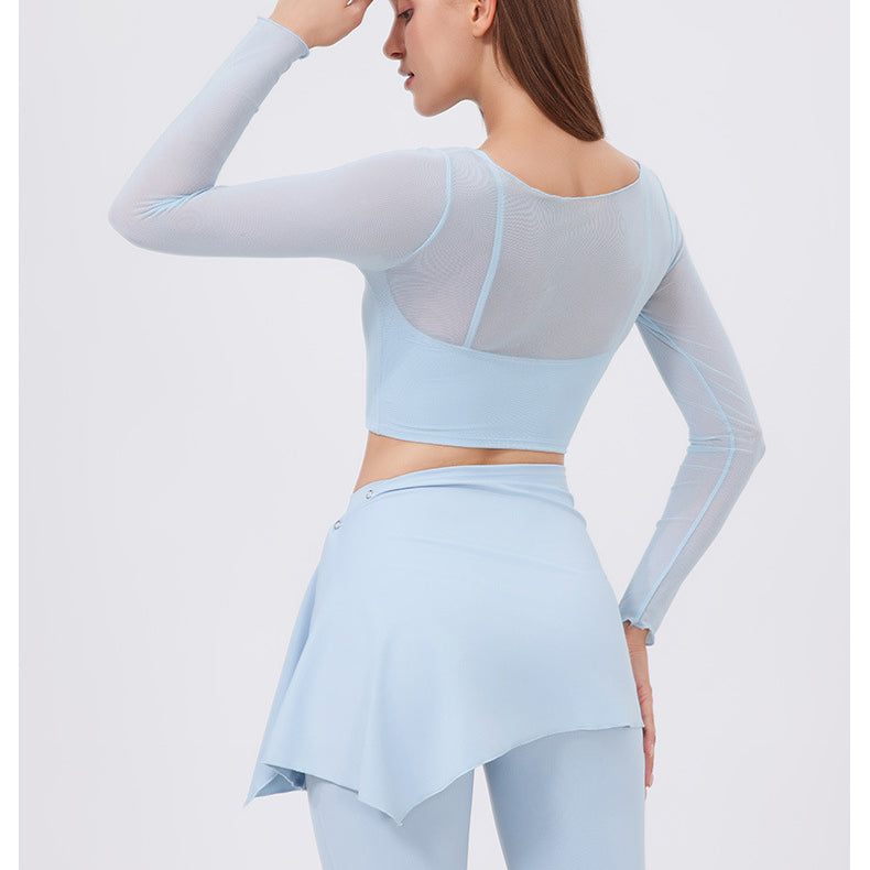 Faux Two Piece Mesh Sports t Shirt Women Long Sleeve with Chest Pad Yoga Clothes Cropped Top Quick Drying Slimming
