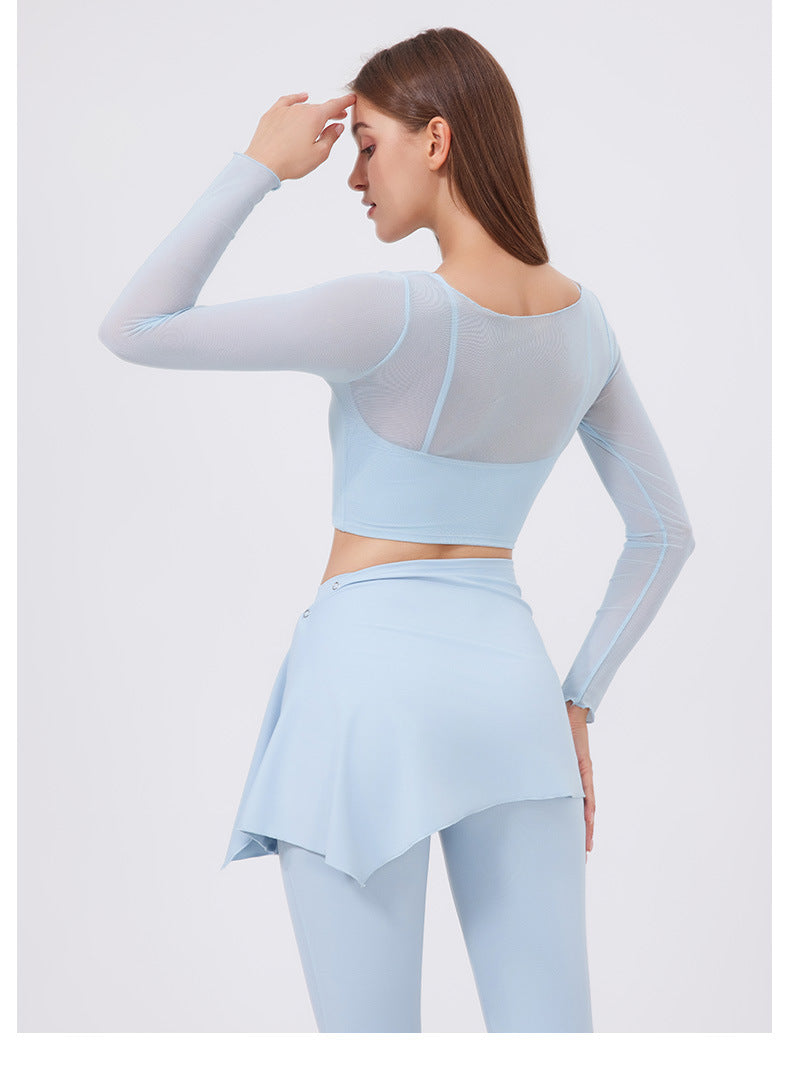 Faux Two Piece Mesh Sports t Shirt Women Long Sleeve with Chest Pad Yoga Clothes Cropped Top Quick Drying Slimming