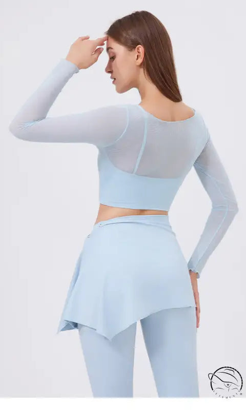 Light blue faux two piece long sleeve mesh sports crop top and skirt pants