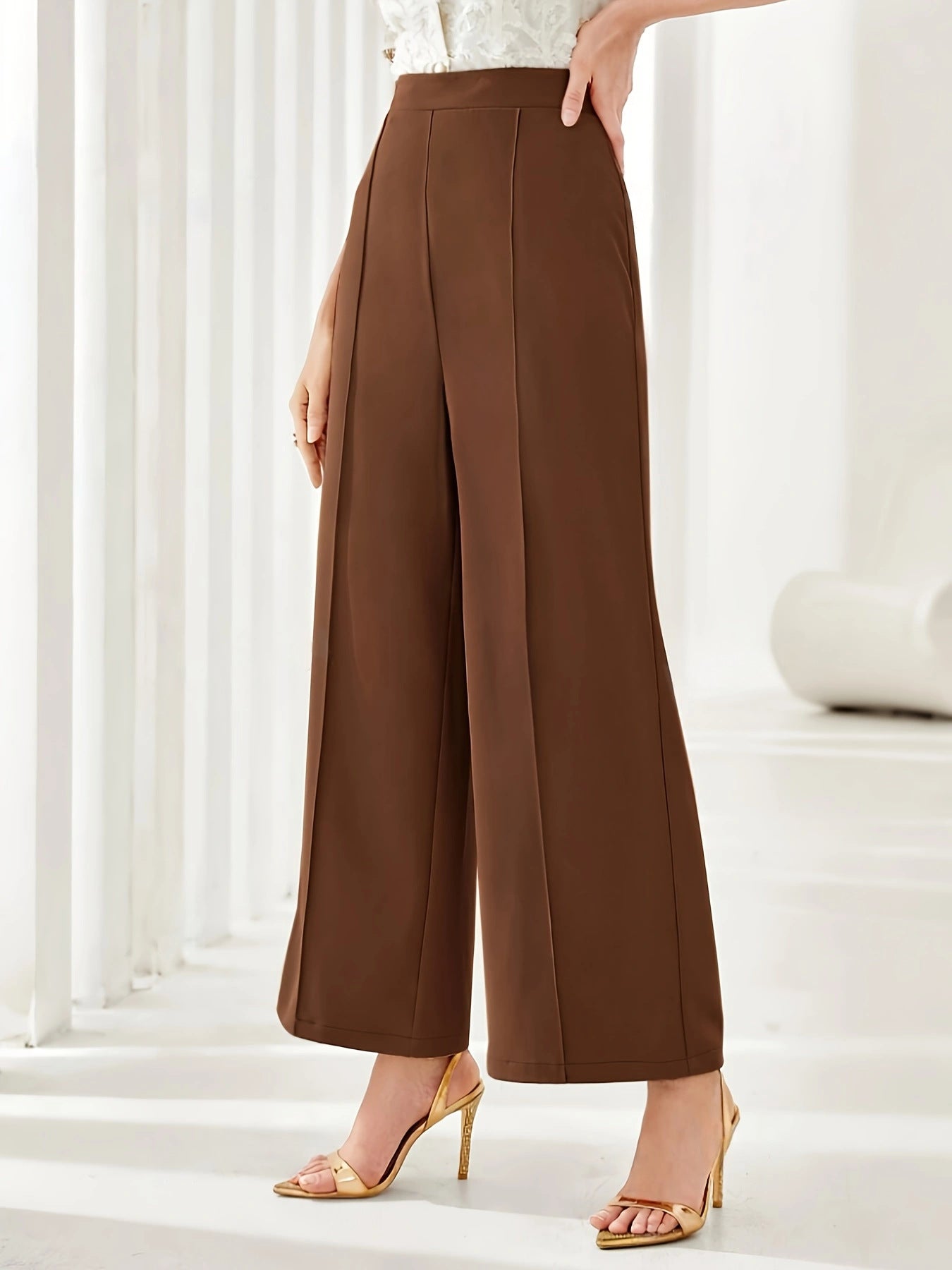 Brown wide leg cropped dress pants with pressed pleats for elegant fashion style