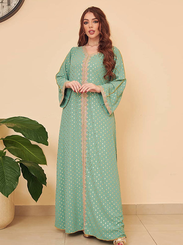 Gorgeous mint green embroidered kaftan dress with bell sleeves, gold trim, langry fashion ملابس